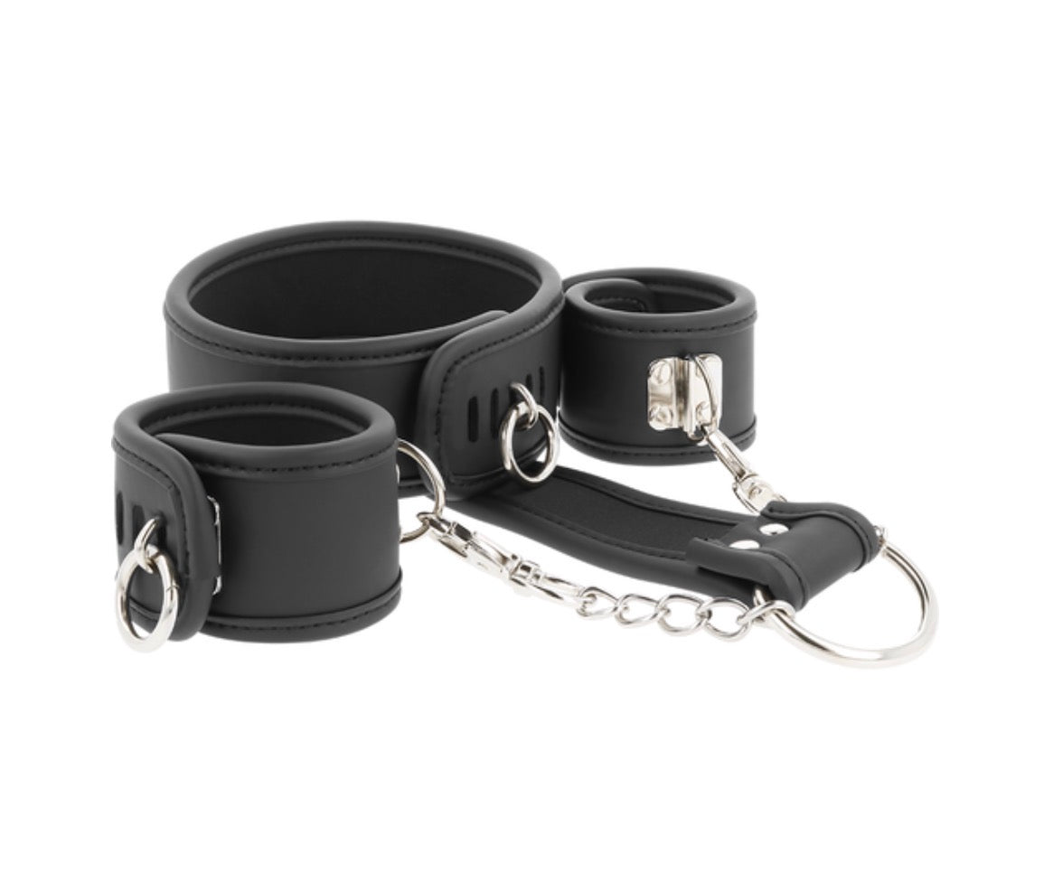 Collier et menottes noirs en cuir végan - Fetish Submissive