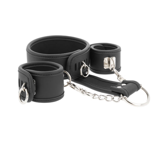 Collier et menottes noirs en cuir végan - Fetish Submissive